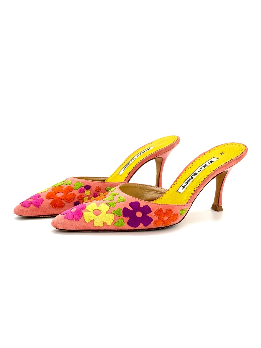 Manolo Blahnik Pastel Hearts and Floral Cutout Pointed Toe Mules Pumps 35.5